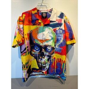 Tango‎ Hotel Mens Graffiti Skull Button Up Shirt Multicolor Short Sleeve Size M